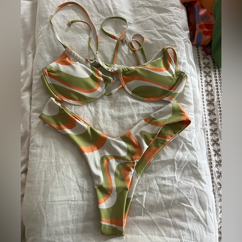 Aurelle Green Orange and White Bikini